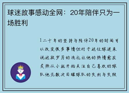 球迷故事感动全网：20年陪伴只为一场胜利